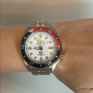 Invicta Silver and Gold Watch with Red and Black Bezel